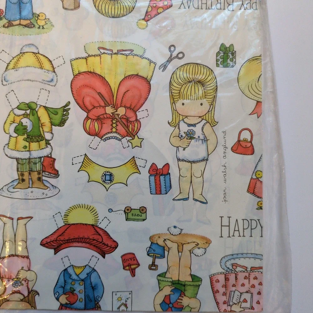 Vintage 70s Hallmark Joan Walsh Anglund Paper Dolls Birthday Wrapping Paper Pink
